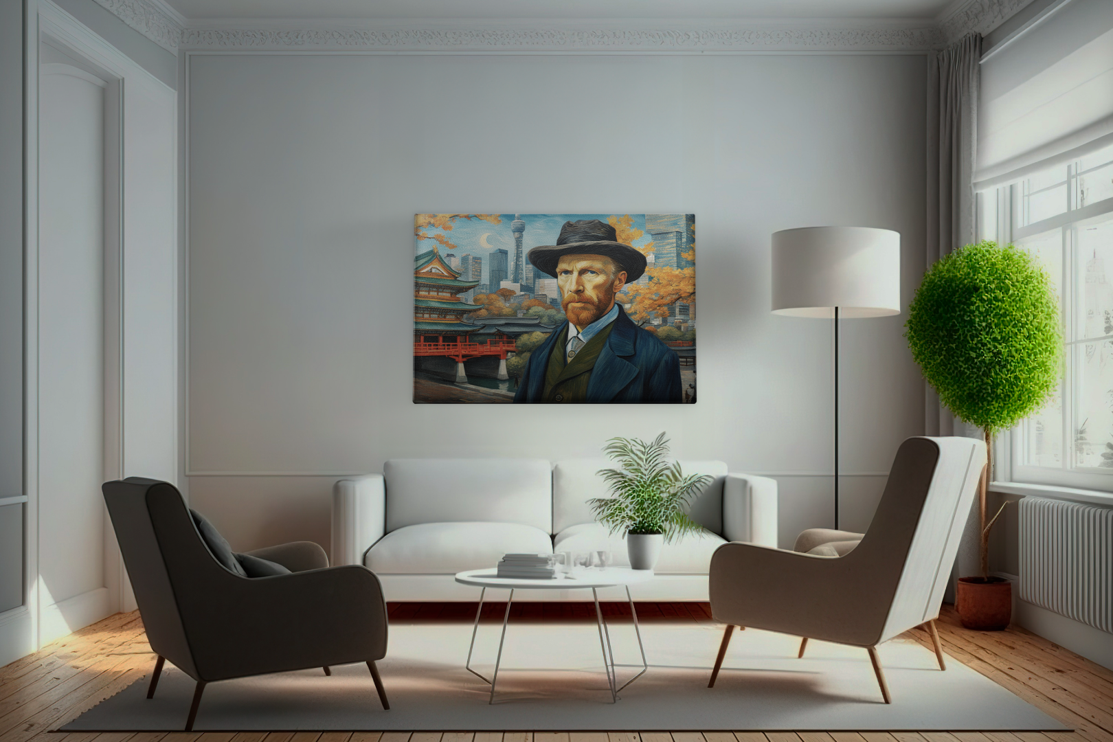 Interior featuring a large artwork generated by Masterpiece AI. The space is transformed by the unique and captivating design, showcasing the creative impact of artificial intelligence in decor.